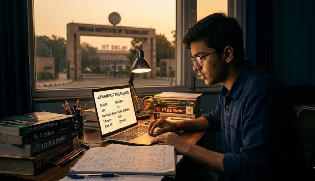 A student checking JEE Advanced 2026 result on laptop showing AIR rank and scorecard