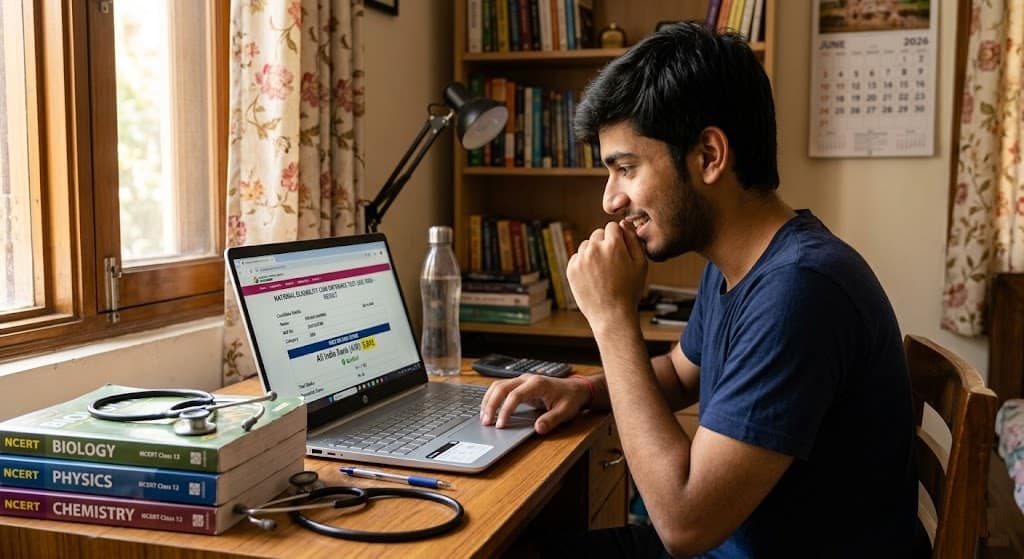 Indian student checking NEET UG 2026 result on laptop at neet.nta.nic.in showing AIR rank