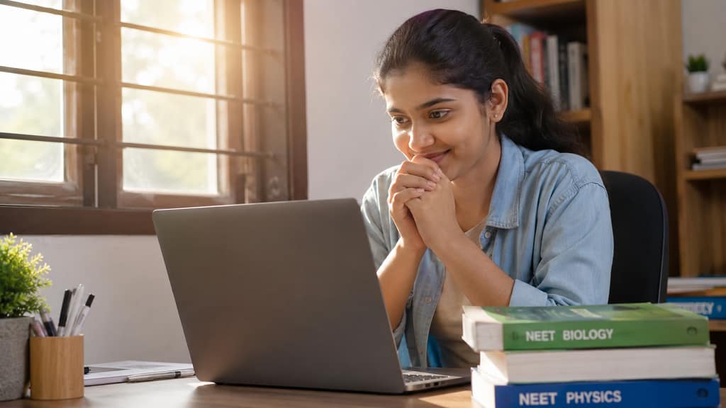 NEET UG re-exam result check on laptop by student