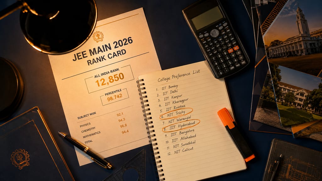 JEE Main 2026 rank card with engineering college preference list and study tools.