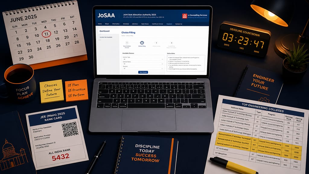 JoSAA 2026 choice filling last date June 11 deadline reminder with laptop showing josaa.nic.in portal