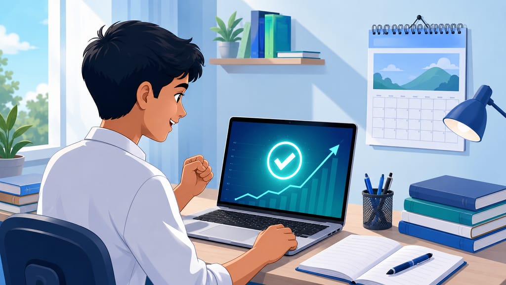CBSE 10th Result 2026 student checking exam result on laptop at study desk