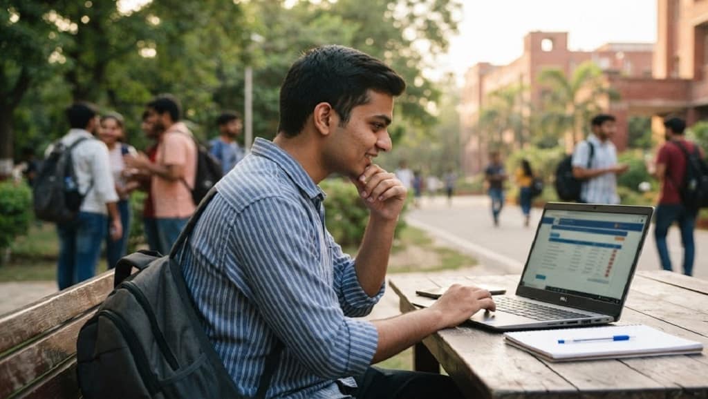 Student checking JoSAA Round 3 Result 2026 on laptop