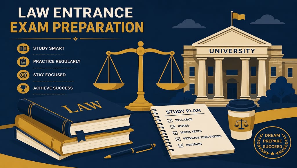 Student preparing for CLAT 2027 exam with law books and university admission guide