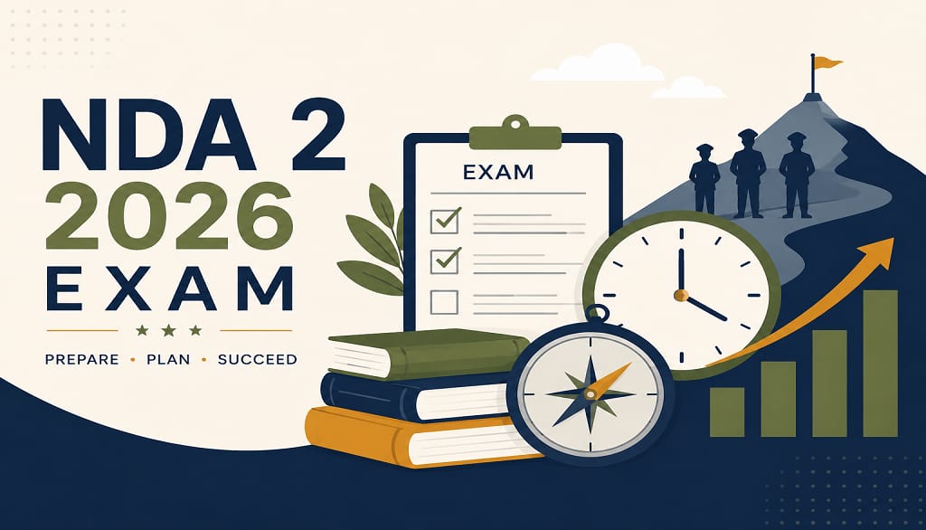 Flat illustration representing NDA 2 2026 exam preparation with exam sheet, clock, and career growth icons