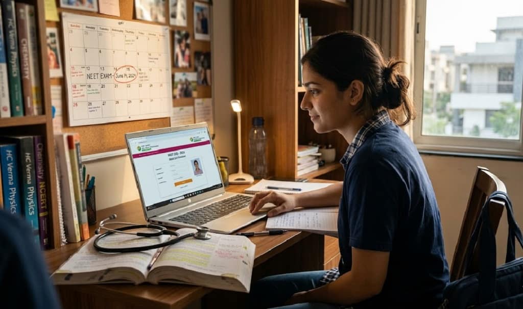 Indian student downloading NEET UG 2026 re-exam admit card on laptop at neet.nta.nic.in